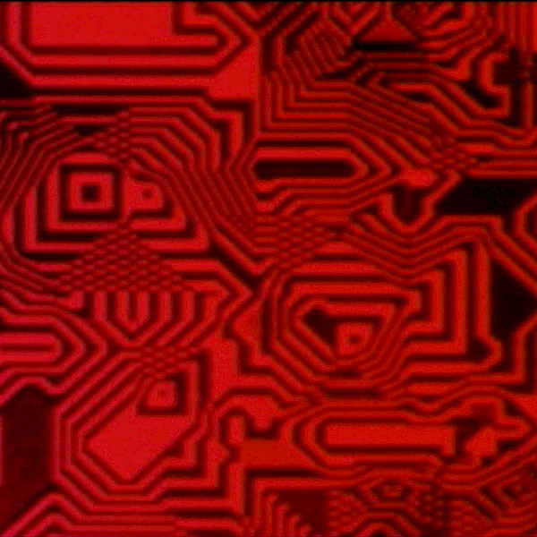 Still from 'Pixillation' by Lillian Schwartz depicting interlocking geometric patterns in red and black.