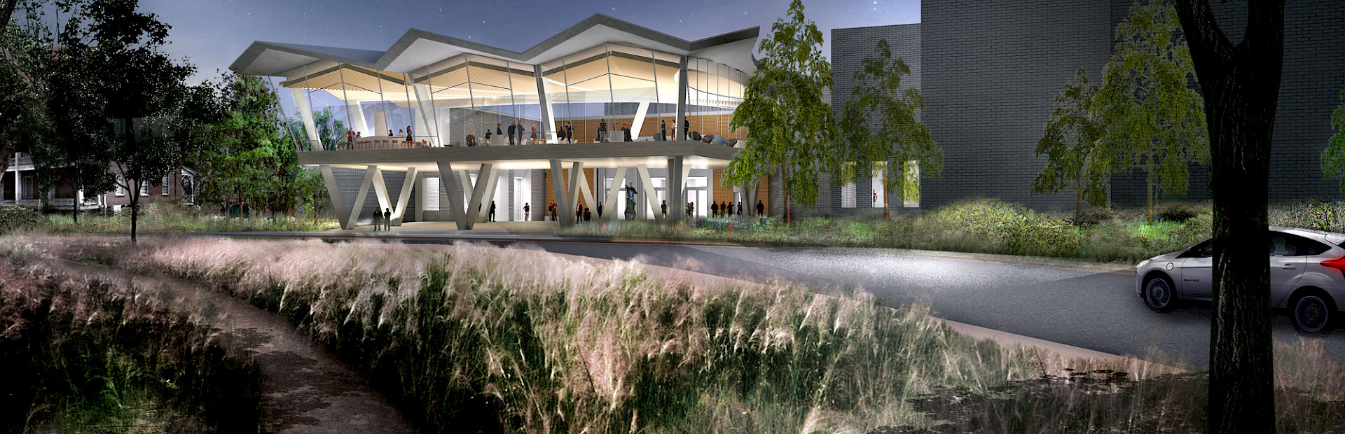 Nighttime view from downtown Little Rock of the Arkansas Arts Center’s new north entrance. A new plaza opens the historic 1937 façade onto Crescent Drive. Above, the Cultural Living Room acts as a community gathering and event space. Image courtesy of Studio Gang and SCAPE.