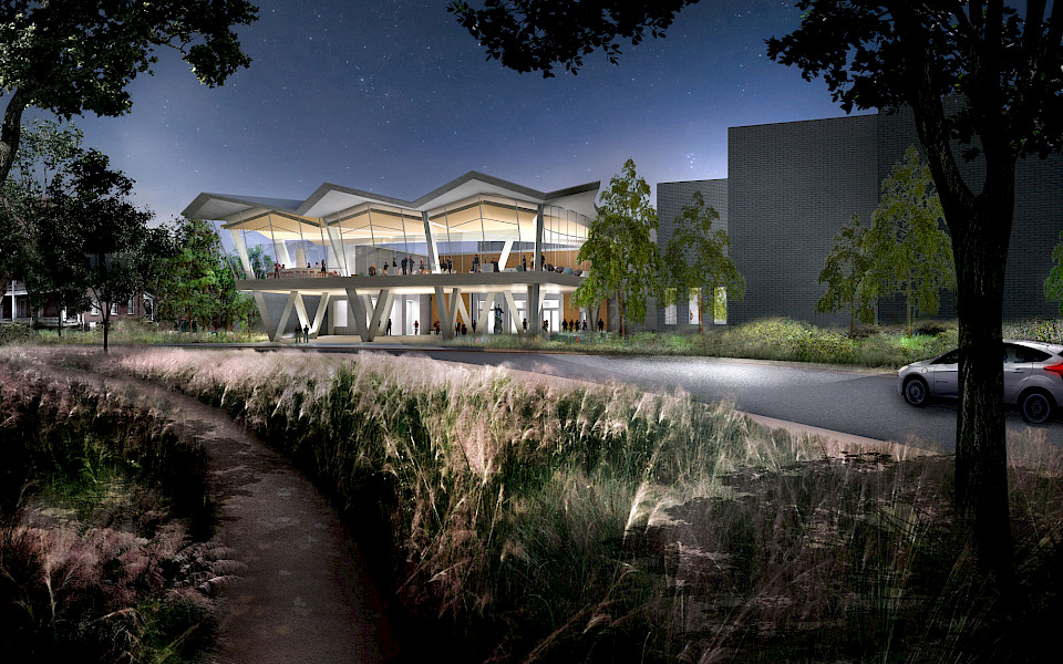 Nighttime view from downtown Little Rock of the Arkansas Arts Center’s new north entrance. A new plaza opens the historic 1937 façade onto Crescent Drive. Above, the Cultural Living Room acts as a community gathering and event space. Image courtesy of Studio Gang and SCAPE.