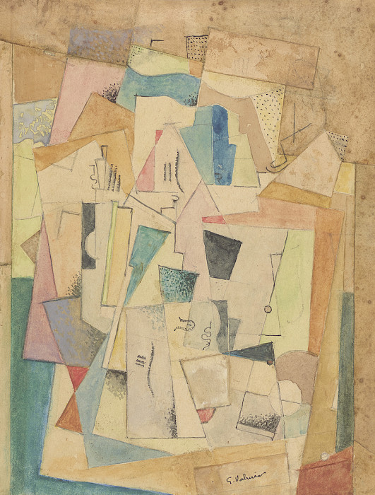 Georges Valmier (Angoulême, Charente, Poitou-Charentes, France, 1885 - 1937, Paris, France), "Paysage (Landscape)," 1918-1919, gouache and collage on paper, 8 1/2 × 6 1/8 in. Arkansas Museum of Fine Arts Foundation Collection: Purchase, Tabriz Fund. 2000.013.