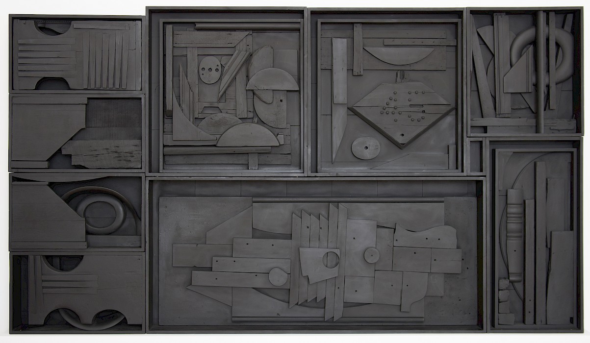 Louise Nevelson (Kyiv, Ukraine (formerly Russian Empire), 1899 - 1988, New York, New York), "Tide Garden IV," 1964, painted and assembled wood construction, 91 x 140 x 10 in., Arkansas Museum of Fine Arts Foundation Collection: Gift of Sidney Singer, Sr., Stephens Inc., Gerald Cramer, Martin Oppenheimer, Edward Rosenthal, and John Rosenthal. 1983.030.