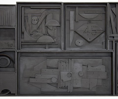 Louise Nevelson (Kyiv, Ukraine (formerly Russian Empire), 1899 - 1988, New York, New York), "Tide Garden IV," 1964, painted and assembled wood construction, 91 x 140 x 10 in., Arkansas Museum of Fine Arts Foundation Collection: Gift of Sidney Singer, Sr., Stephens Inc., Gerald Cramer, Martin Oppenheimer, Edward Rosenthal, and John Rosenthal. 1983.030.