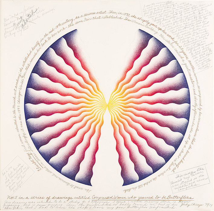 Judy Chicago (Chicago, Illinois, 1939 - ), "Elisabet Ney" from "Compressed Women Who Yearned to be Butterflies," 1973 - 1974, Prismacolor and graphite on paper, 23 x 23 in., Arkansas Museum of Fine Arts Foundation Collection: Gift of MaryRoss Taylor.