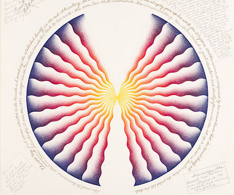 Judy Chicago (Chicago, Illinois, 1939 - ), "Elisabet Ney" from "Compressed Women Who Yearned to be Butterflies," 1973 - 1974, Prismacolor and graphite on paper, 23 x 23 in., Arkansas Museum of Fine Arts Foundation Collection: Gift of MaryRoss Taylor.