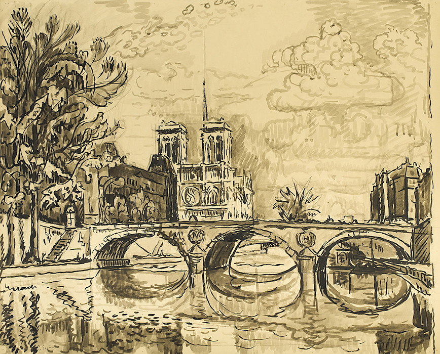 Paul Signac (Paris, France, 1863 - 1935, Paris, France), "Paris, la Seine à Notre-Dame (Paris, The Seine at Notre-Dame)," 1934, brown ink wash on paper, 23 5/8 × 29 7/8 in., Arkansas Museum of Fine Arts Foundation Collection: Gift of James T. Dyke.