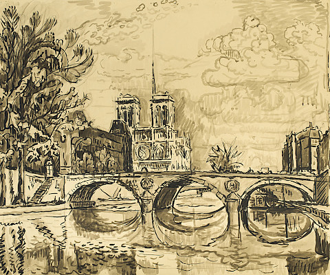 Paul Signac (Paris, France, 1863 - 1935, Paris, France), "Paris, la Seine à Notre-Dame (Paris, The Seine at Notre-Dame)," 1934, brown ink wash on paper, 23 5/8 × 29 7/8 in., Arkansas Museum of Fine Arts Foundation Collection: Gift of James T. Dyke.