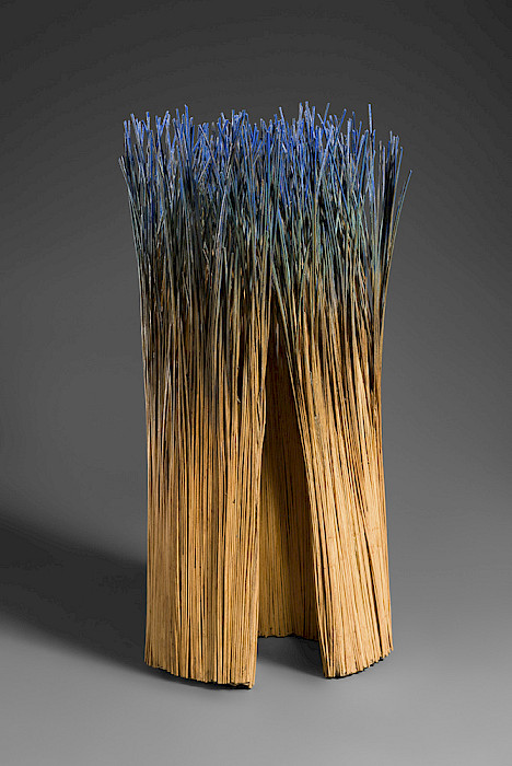 Mary Merkel-Hess (Waterloo, Iowa, 1949 - ), "Crescent II," 1995, reeds, paper, glue, and blue and green pigment, 18 1/2 × 8 1/2 × 6 1/4 in., Arkansas Museum of Fine Arts Foundation Collection: Gift of John and Robyn Horn. Photography by Edward C. Robison III.