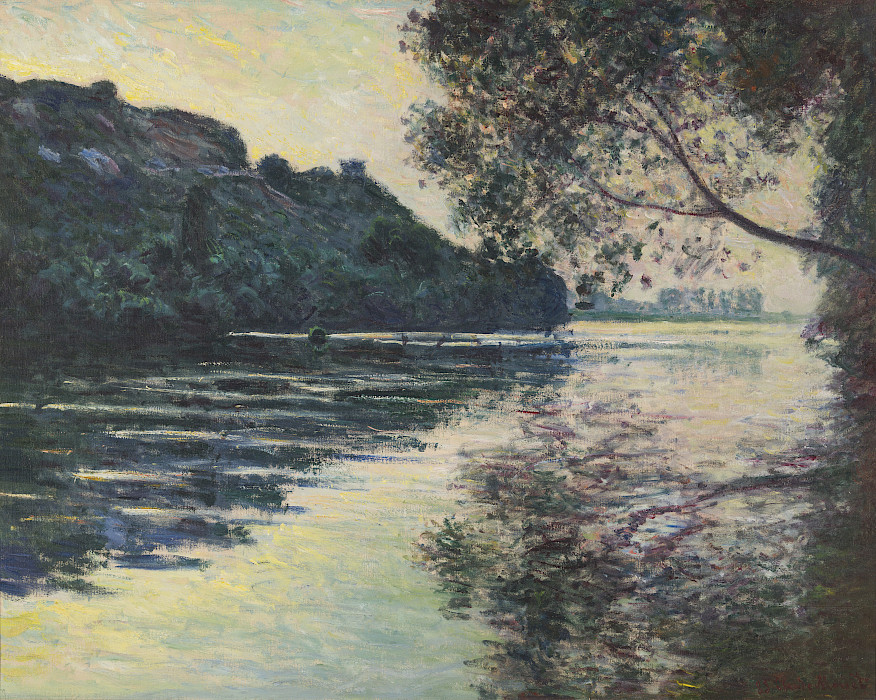 Claude Monet (Paris, France, 1840 - 1926, Giverny, France), "Effet de Soleil Couchant sur la Seine à Port-Villez (Effect of the Sun Setting on the Seine at Port-Villez)," 1883, oil on canvas, 29 x 36 3/8 in., On loan from the Jackson T. Stephens Charitable Trust for Art. XL.2000.002.004. Photography by Edward C. Robison III.