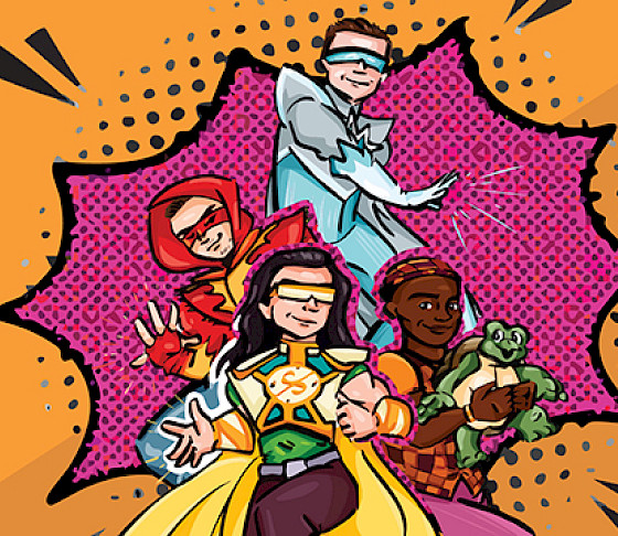 Illustration of a group of four superheroes in a comic book style.