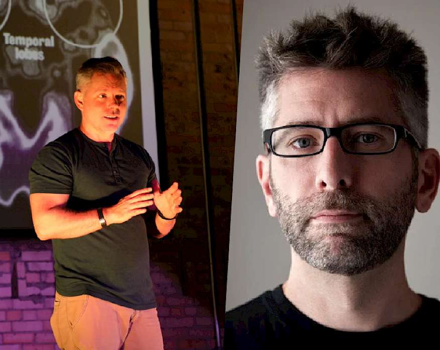 Spliced photo of two men. The man on the right wears a black short-sleeved shirt and stands on a stage in front of a photo of a brain x-ray. The man on the right stands in front of a gray background and wears a black shirt and black rimmed glasses.