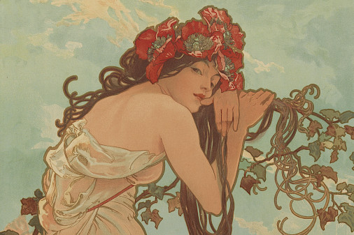 Detail photo of a color lithograph by Alphonse Mucha depicting a woman wearing a flower headdress and hanging on a vine.