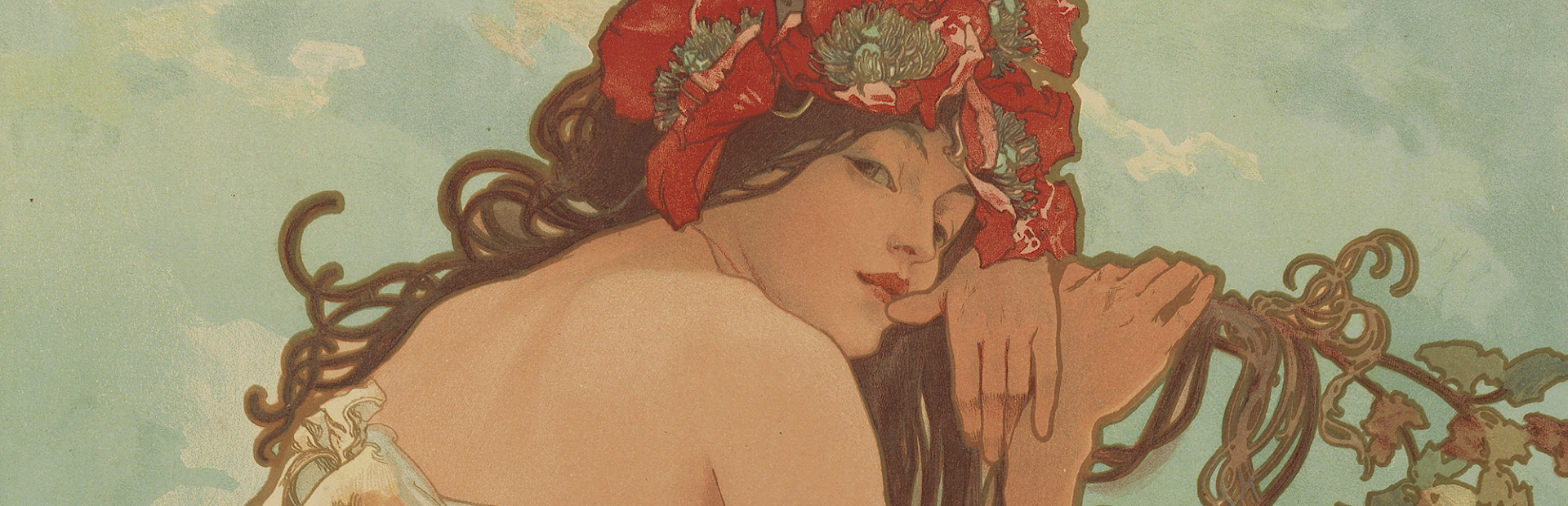 Detail photo of a color lithograph by Alphonse Mucha depicting a woman wearing a flower headdress and hanging on a vine.