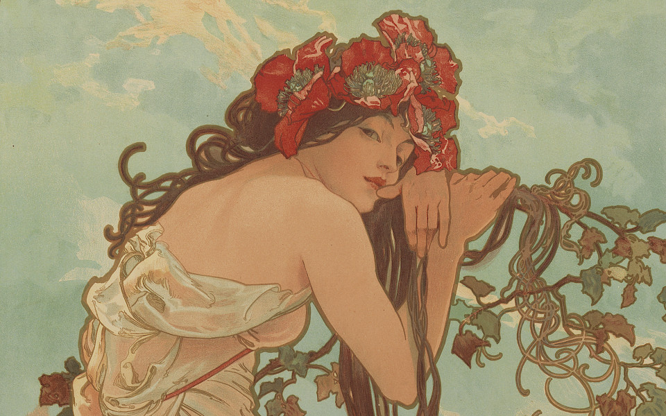 Detail photo of a color lithograph by Alphonse Mucha depicting a woman wearing a flower headdress and hanging on a vine.