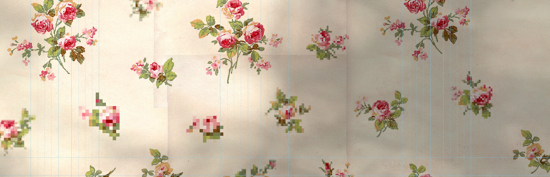 Still of an animation depicting a series of pink flowers on an offwhite background where some are pixelated.