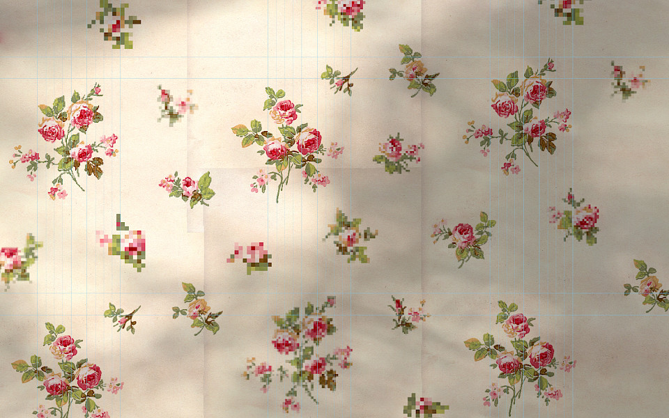 Still of an animation depicting a series of pink flowers on an offwhite background where some are pixelated.