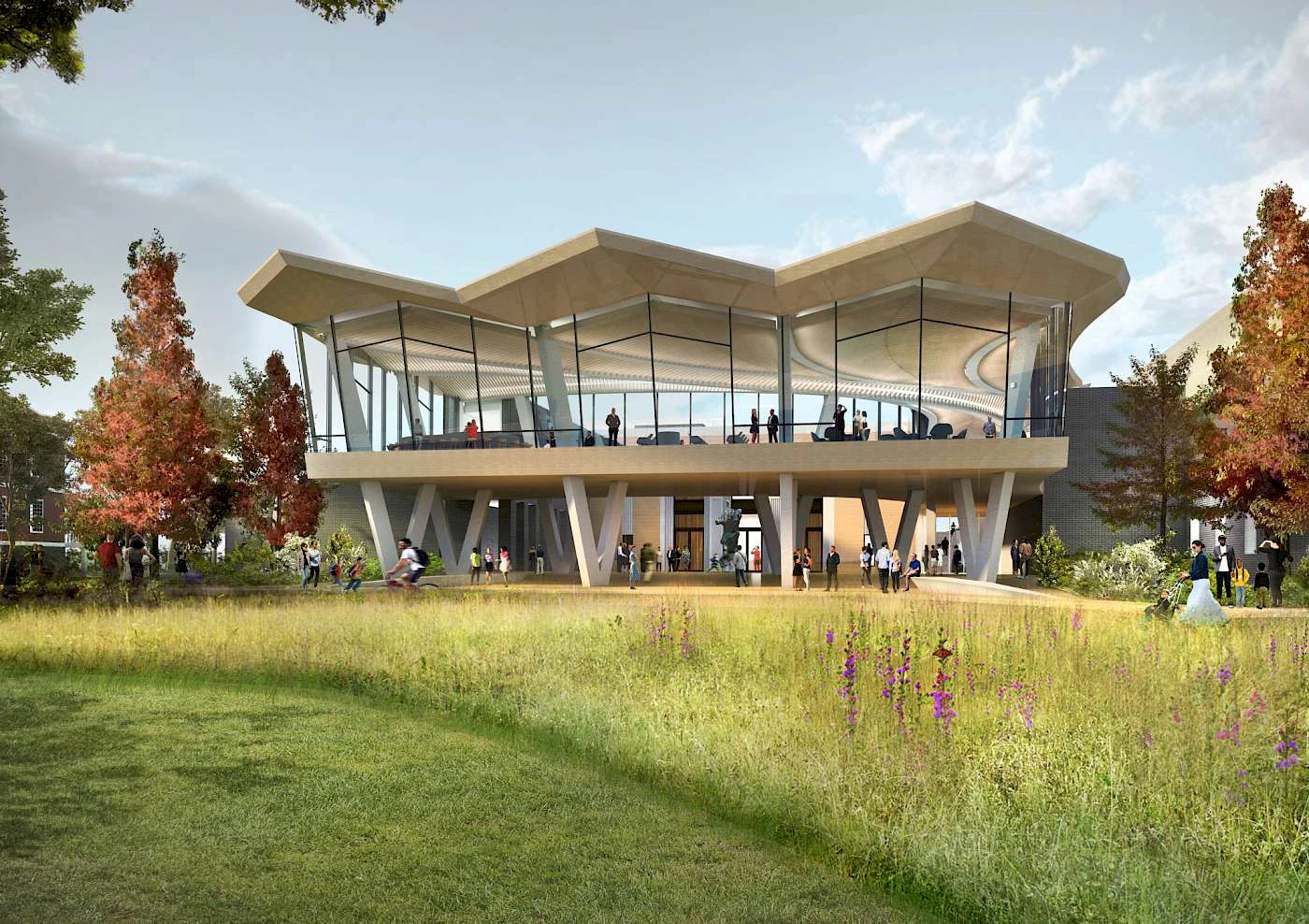 Daytime view from downtown Little Rock of the Arkansas Museum of Fine Arts’ new north entrance. The Cultural Living Room signals the new entrance from Crescent Drive and creates a new courtyard plaza that reveals the museum’s historic façade. Courtesy of Studio Gang and SCAPE