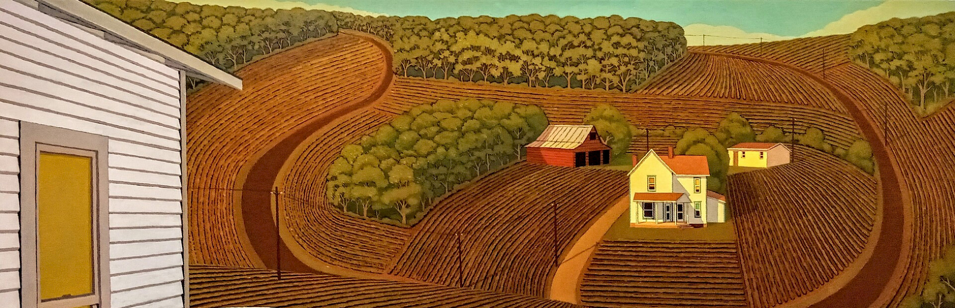 Detail of a painting by John Roberts depicting a farmhouse in a field.