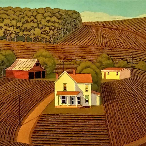 Detail of a painting by John Roberts depicting a farmhouse in a field.