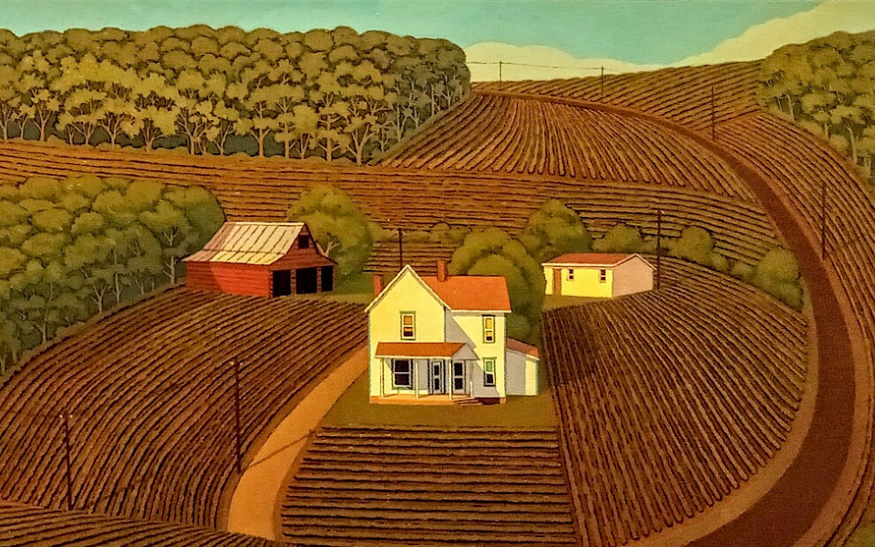 Detail of a painting by John Roberts depicting a farmhouse in a field.