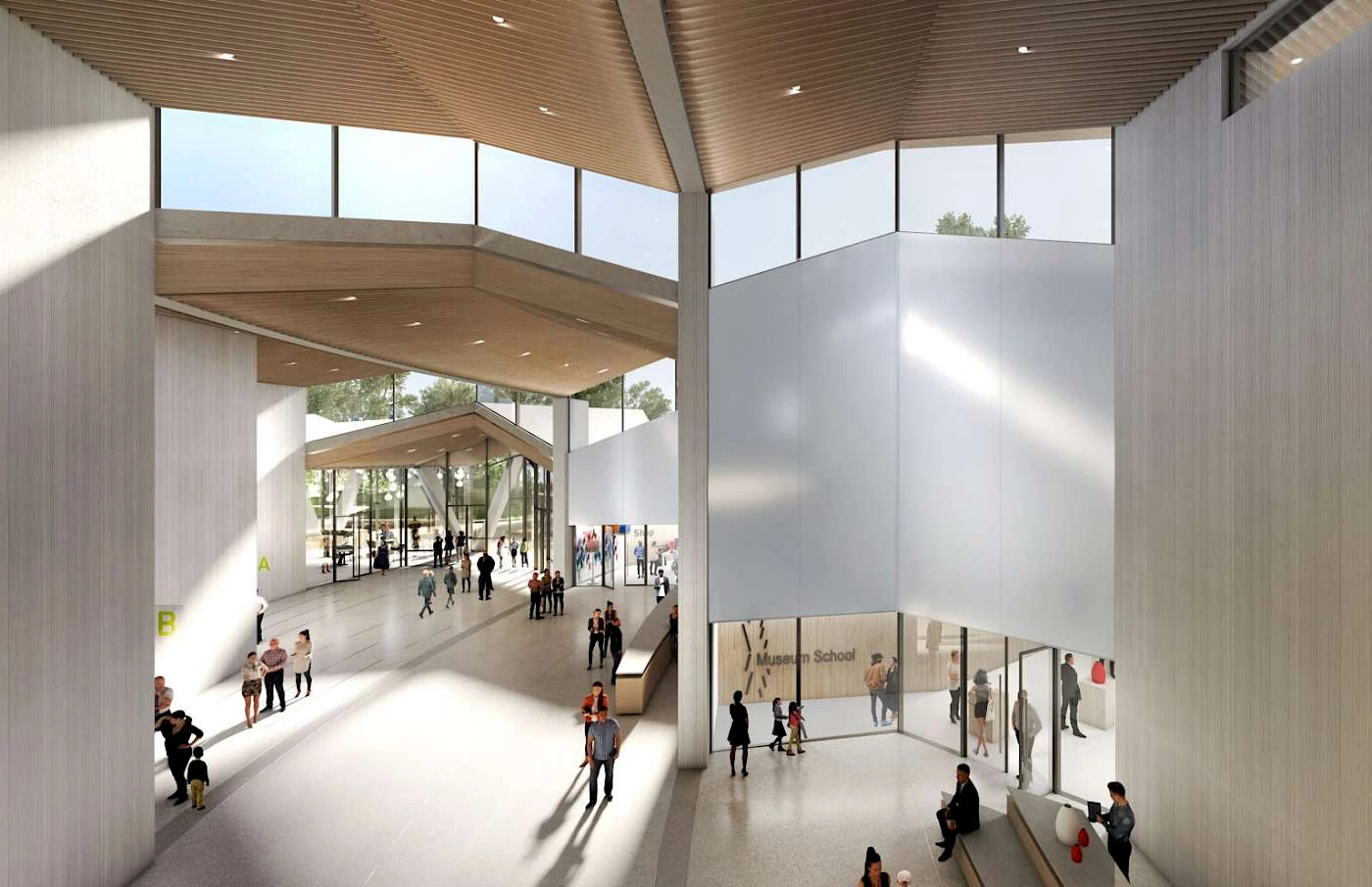 View toward MacArthur Park inside the new AMFA. The atrium connects AMFA’s new programming areas. Image Courtesy of Studio Gang.