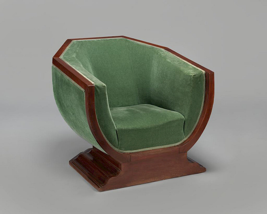 Pierre Chareau (Le Havre, France, 1883 - 1950, New York, New York), "Armchair," circa 1925, mahogany and mohair, 20 x 33 x 35 in., On loan from the Chysler Museum of Art, Gift of Walter P. Chrysler, Jr. 77.1032A. Image courtesy of the Chrysler Museum of Art.