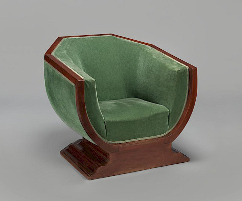 Pierre Chareau (Le Havre, France, 1883 - 1950, New York, New York), "Armchair," circa 1925, mahogany and mohair, 20 x 33 x 35 in., On loan from the Chysler Museum of Art, Gift of Walter P. Chrysler, Jr. 77.1032A. Image courtesy of the Chrysler Museum of Art.