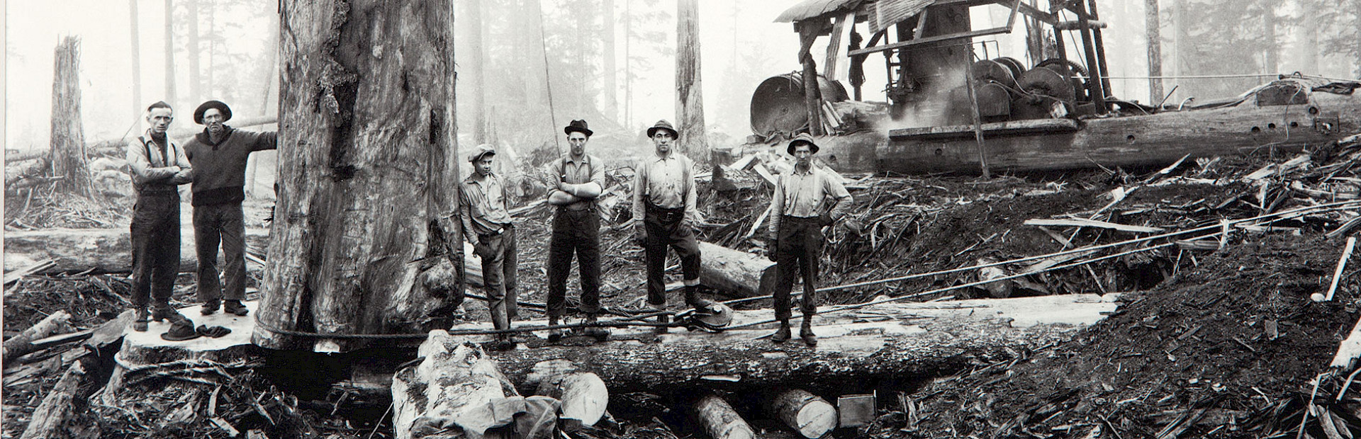 Black and white photo of loggers in a forest by Darius Kinsey.