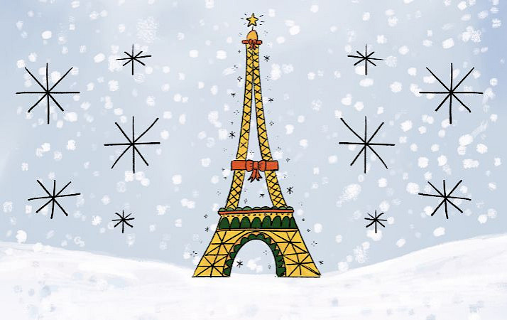 Illustration of the Eiffel Tower decorated with bows and surrounded by snow.