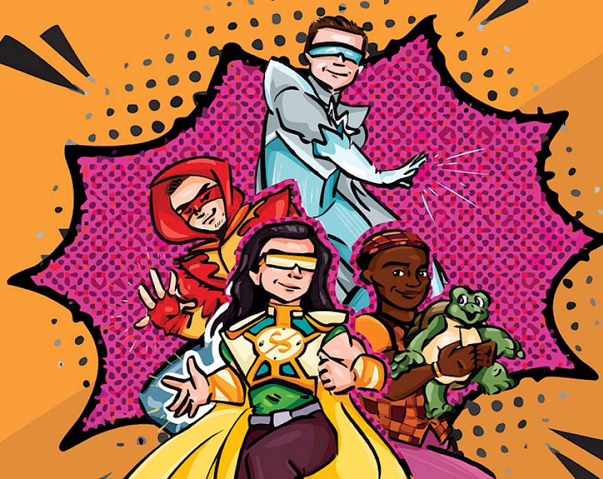 Illustration of a group of four superheroes in a comic book style.