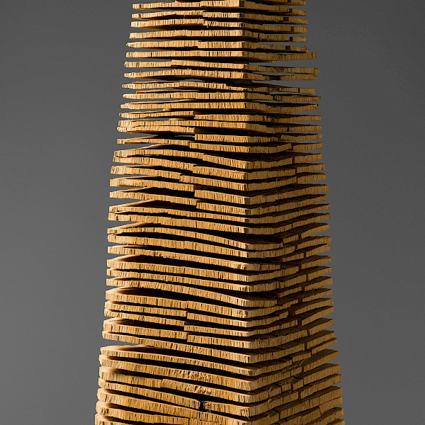 Detail photo of an abstract wooden sculpture.