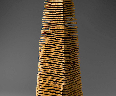 David Nash (Esher, England, 1945 - ), "Crack & Warp Column," 2003, chainsaw carved white oak, 33 1/4 x 11 1/4 x 11 1/4 in., Arkansas Museum of Fine Arts Foundation Collection: Purchased with a gift from John and Robyn Horn. Photography by Edward C. Robison III. 2004.005.001.