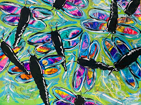 A detail shot of a painted artwork picturing dragonflies with blue and purple wings on an abstract lime green background. Credit line: Jack M., Spring Dragonflies, acrylic paint, paint sticks, and Sharpie marker, 24x36 in., 61st Young Arkansas Artists.