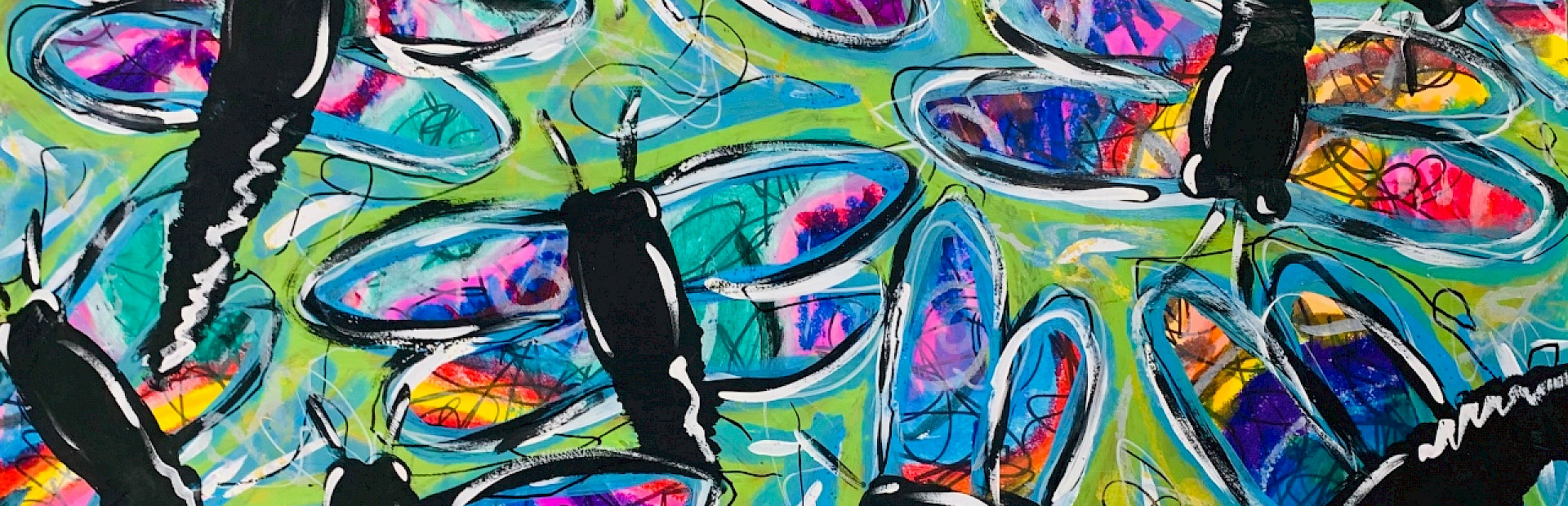 A detail shot of a painted artwork picturing dragonflies with blue and purple wings on an abstract lime green background. Credit line: Jack M., Spring Dragonflies, acrylic paint, paint sticks, and Sharpie marker, 24x36 in., 61st Young Arkansas Artists.