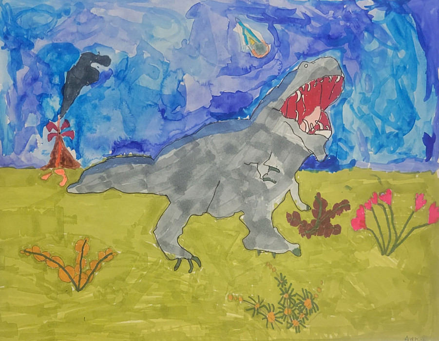 Aaron P., North Little Rock, T-Rex ROAR!, watercolor and marker, 12 x 9 in.