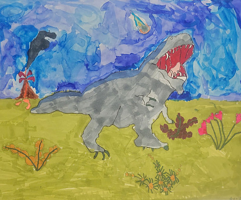 Aaron P., North Little Rock, T-Rex ROAR!, watercolor and marker, 12 x 9 in.