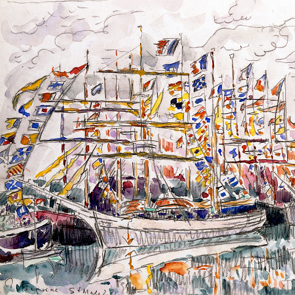 Watercolor painting of several ships in a bay with dozens of flags flowing in the wind from their sails.