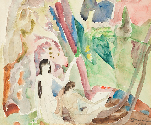 William Zorach (Eurbick, Lithuania, 1887 - 1966, Bath, Maine), "Figures in a Landscape (Yosemite)," 1920, watercolor over graphite on paper 13 1/2 x 10 1/8 in. Arkansas Museum of Fine Arts Foundation Collection: Purchase, Tabriz Fund. 2015.021.