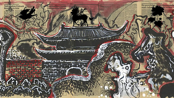 Video still of Sun Xun's "Tears of Chiwen" showing a Chinese building, abstract waves, a brick wall, and other black, white, and red figures on a background of yellowed newspaper.