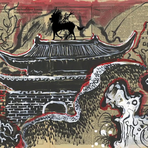 Video still of Sun Xun's "Tears of Chiwen" showing a Chinese building, abstract waves, a brick wall, and other black, white, and red figures on a background of yellowed newspaper.