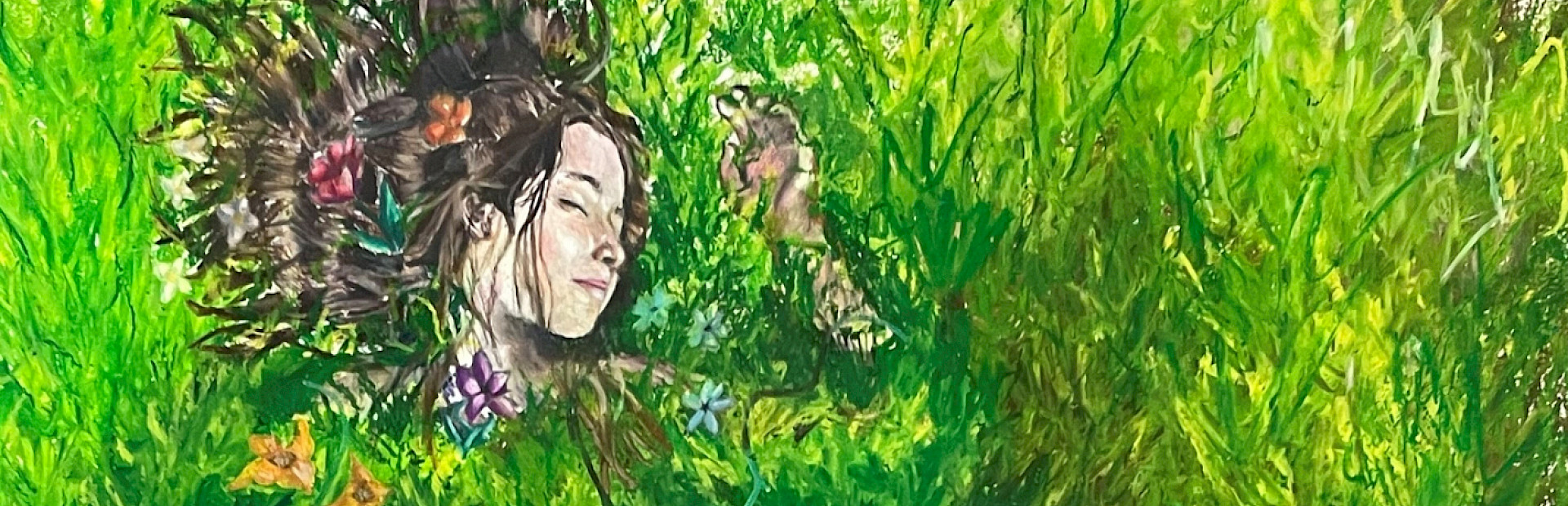 An oil pastel artwork depicting a girl lying in a field of wildflowers.