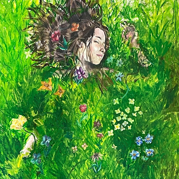 An oil pastel artwork depicting a girl lying in a field of wildflowers.