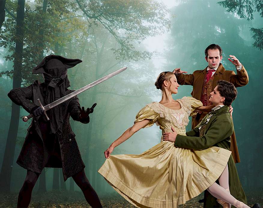 Photo of a person dressed in all black holding a sword next to a couple of ballerinas dancing and a man waving his arms in front of a dark forest background.
