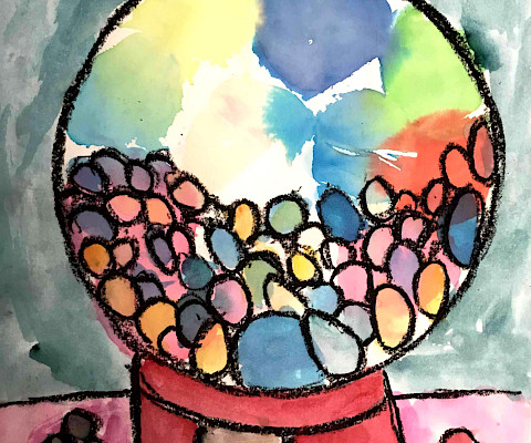 Autumn D., "Wayne Thiebaud Gumball Machines," watercolor and oil pastel, Kindergarten, Jonesboro Kindergarten Center, Art Educator: Hanne Pelletier.