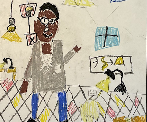 Teddy L., "Lewis Latimer," oil pastel, First Grade, Forest Heights STEM Academy, Shelby Baker.