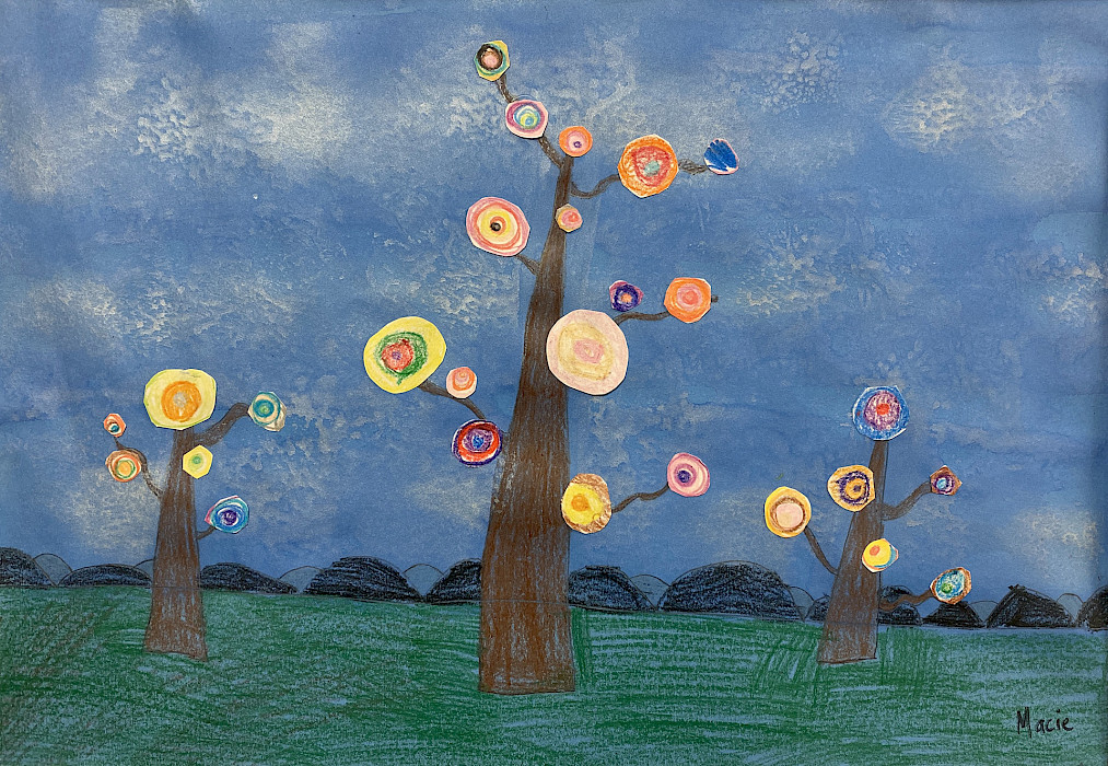 Honorable Mention: Macie M., "Kandinsky Trees," crayon and paint, First Grade, Woodlawn Elementary, Art Educator: Nickie Owens.