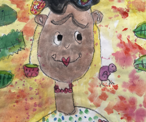 Blakely M., "Frida Kahlo," crayon and watercolor, Second Grade, Carolyn Lewis Elementary, Art Educator: Michelle Sutterfield.