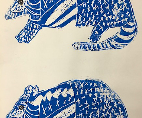 Honorable Mention: Finley K., "Double Armadillo," block print on paper, Second Grade, West Side Elementary, Greers Ferry, Art Educator: Cherie Grizzle.