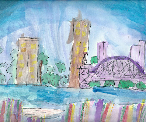 Honorable Mention: Bayleigh M., "Rail Bridge," oil pastel, watercolor, and ink, Third Grade, Williams Traditional Magnet Elementary School, Art Educator: Benita Robinson.