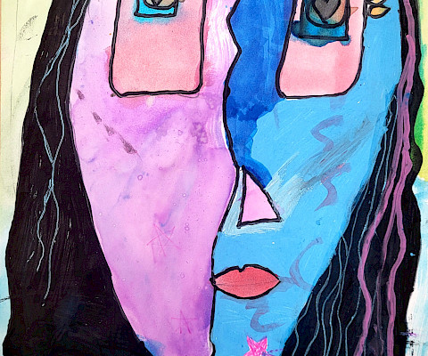 Natalie R., "Cubism Self-Portrait," watercolor and marker on mixed-media paper, Third Grade, LISA Academy North Elementary, Art Educator: Anna Mitchell.