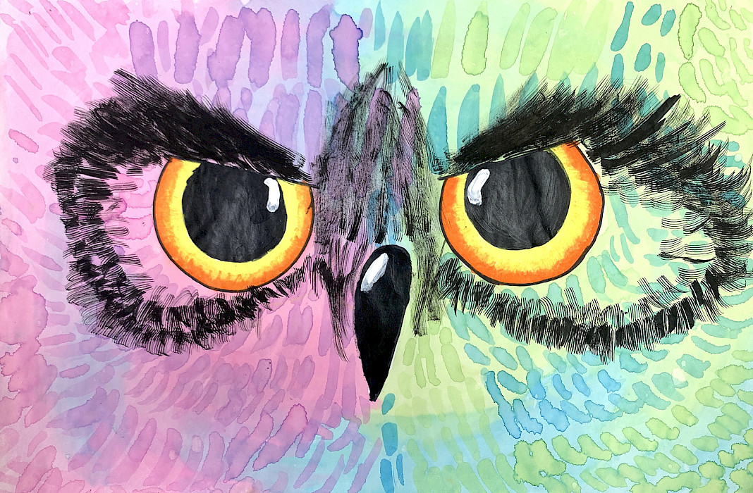 Best In Class: Isa M., "Whooo are you looking at?," mixed media, Fourth Grade, Immaculate Conception Catholic School NLR, Art Educator: Christi Callway.